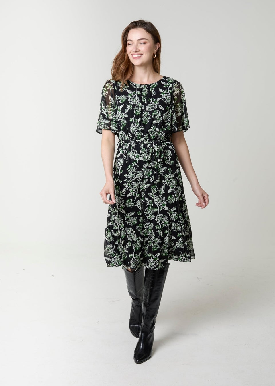 Blue Vanilla Black Floral Crew Neck Mesh Midi Dress