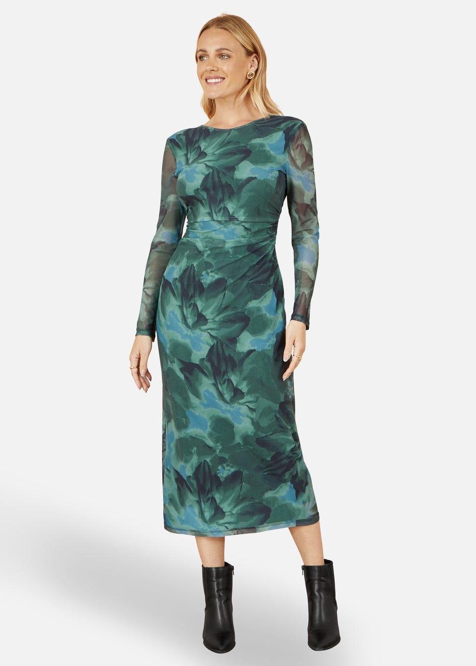 Yumi Green Floral Mesh Bodycon Dress With Tie Back