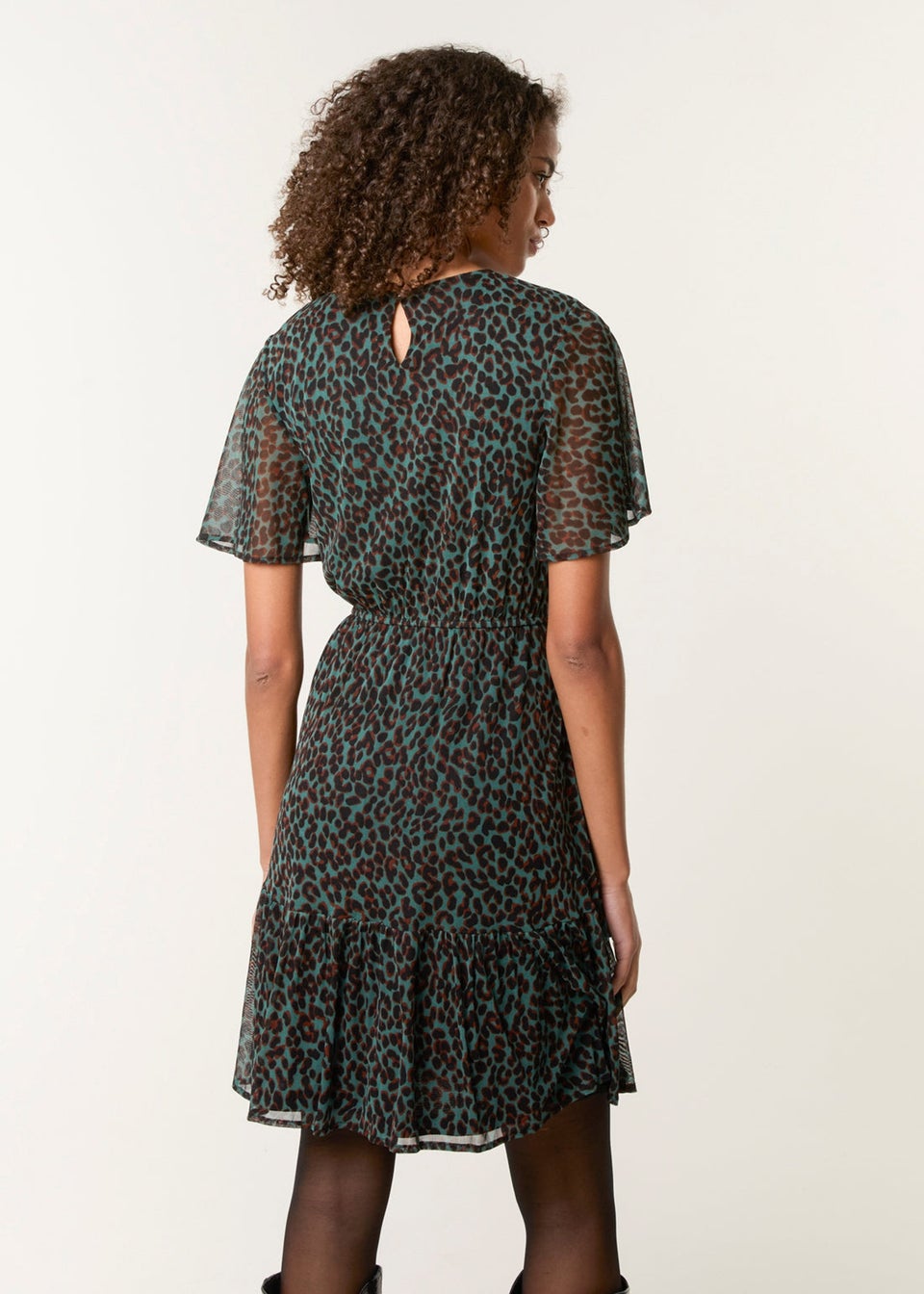 Blue Vanilla Green Leopard Print Mesh Crew Neck Mini Dress