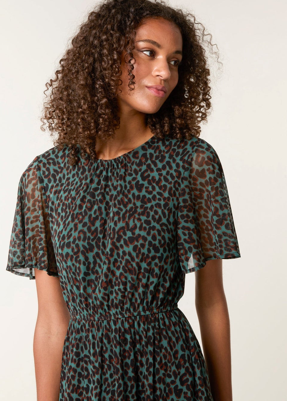 Blue Vanilla Green Leopard Print Mesh Crew Neck Mini Dress