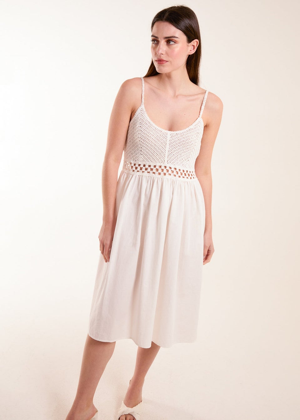 Blue Vanilla White Crochet Strap Midi Cami Dress