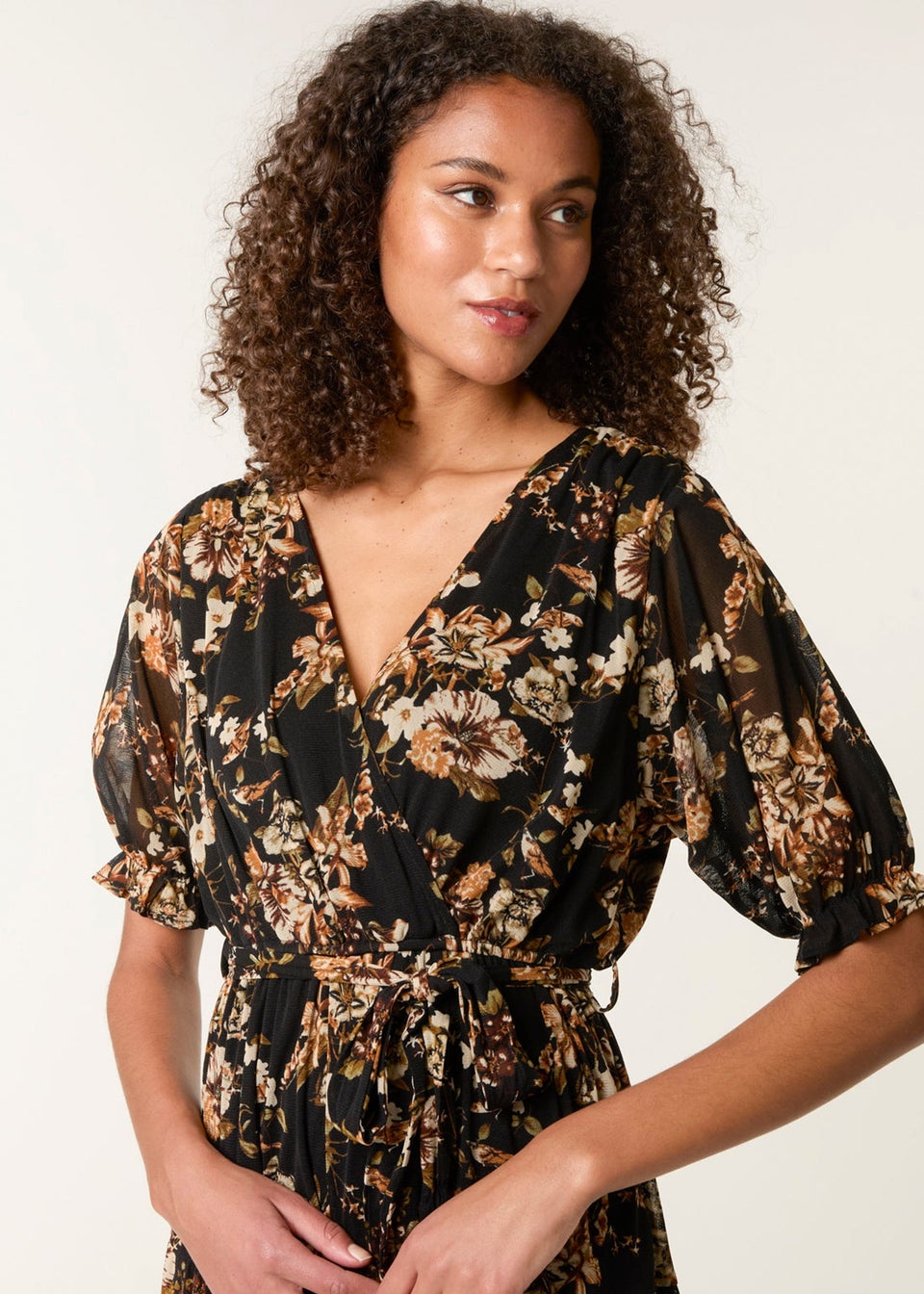 Blue Vanilla Brown Floral Mesh Wrap Front Tiered Midi Dress