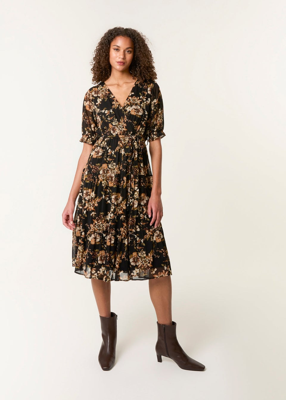 Blue Vanilla Brown Floral Mesh Wrap Front Tiered Midi Dress
