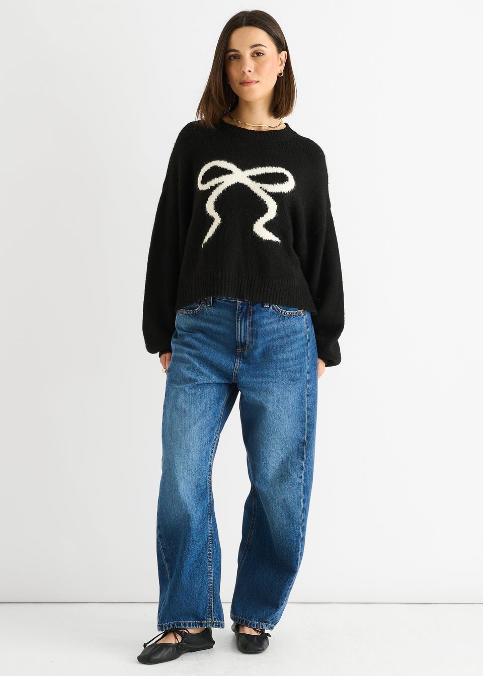 Gini London Black Embossed Contrast Bow Short Knit Jumper