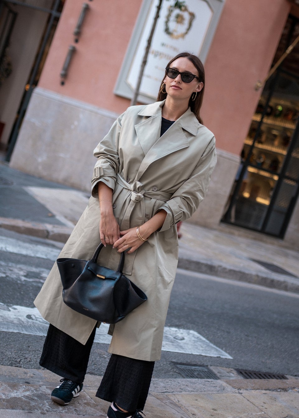 Gini London Sage Green Double Breast Longline Belted Trench Coat