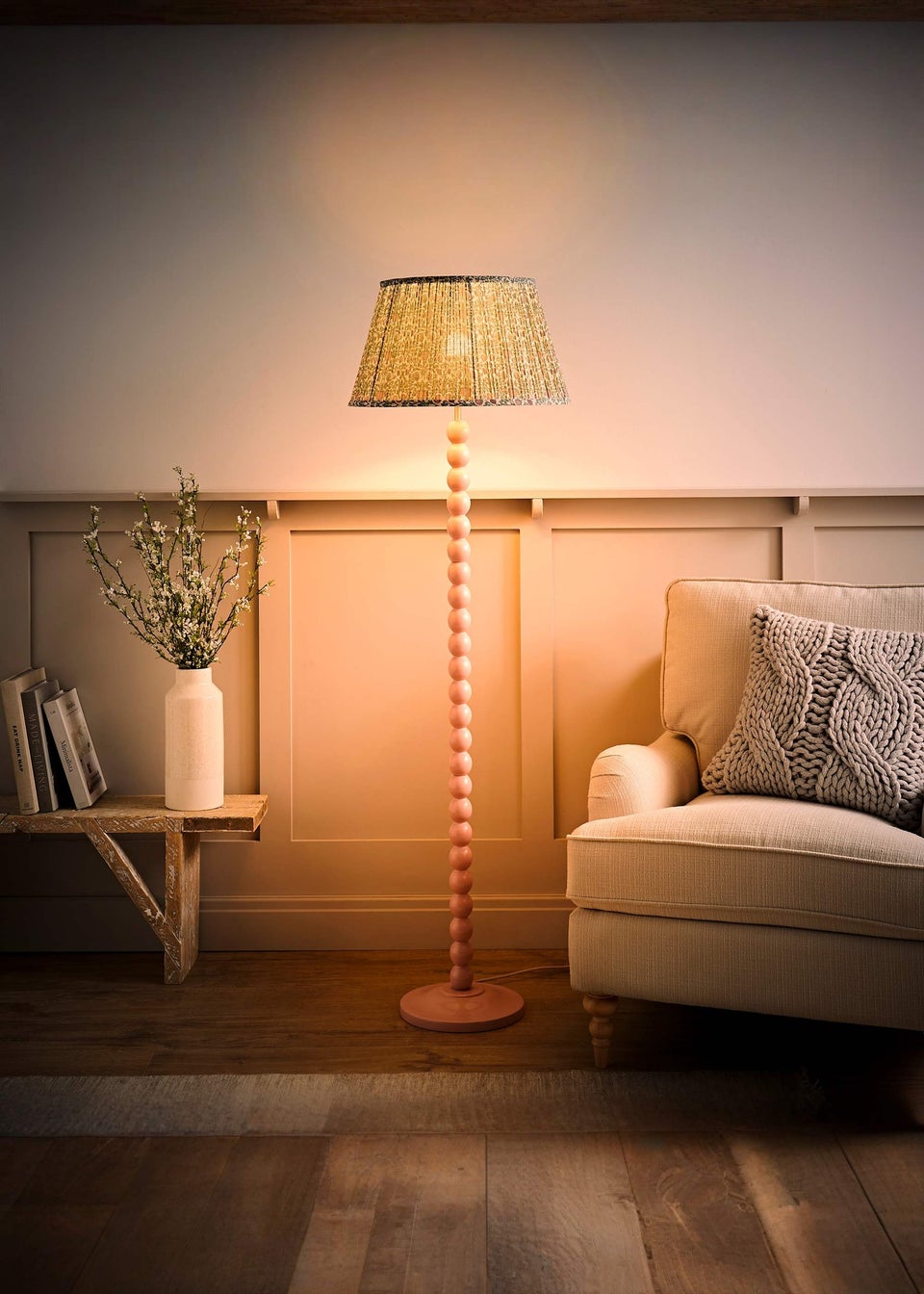 ValueLights Rose Pink Bobbin Floor Lamp with Floral Pleated Lampshade