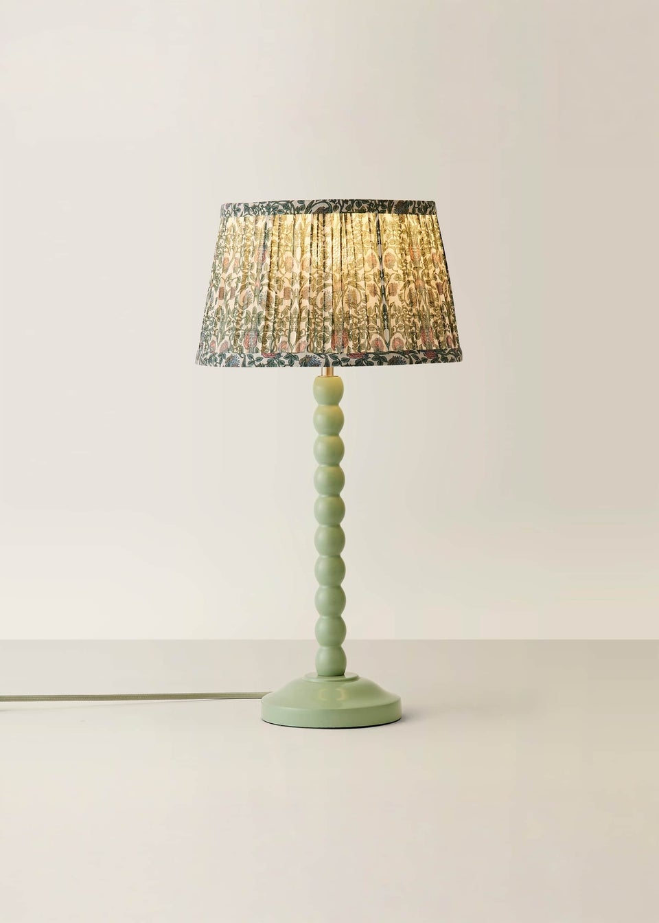 ValueLights Sage Green Bobbin Table Lamp with Floral Pleated Lampshade