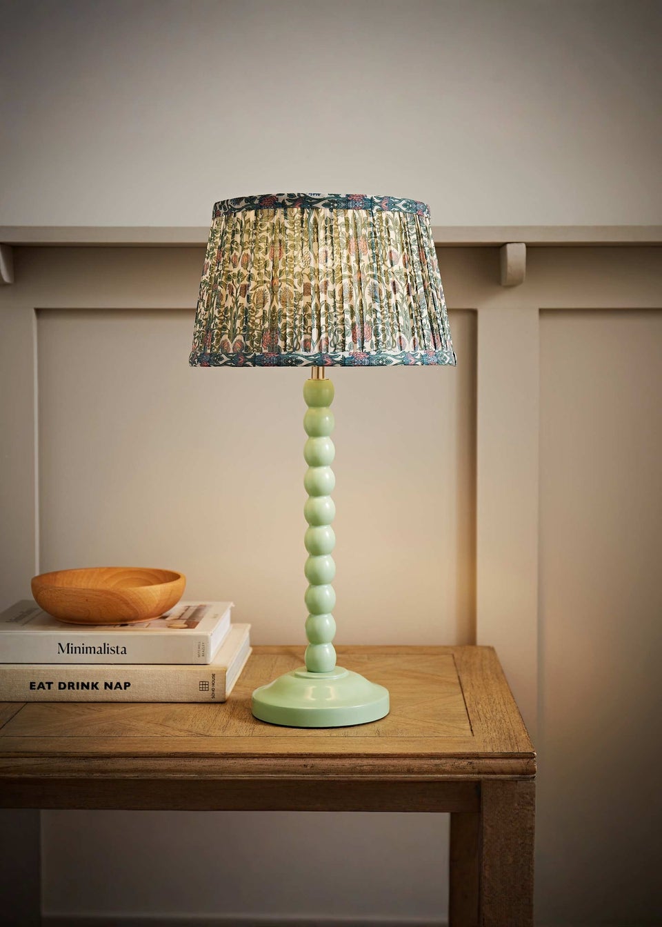 ValueLights Sage Green Bobbin Table Lamp with Floral Pleated Lampshade