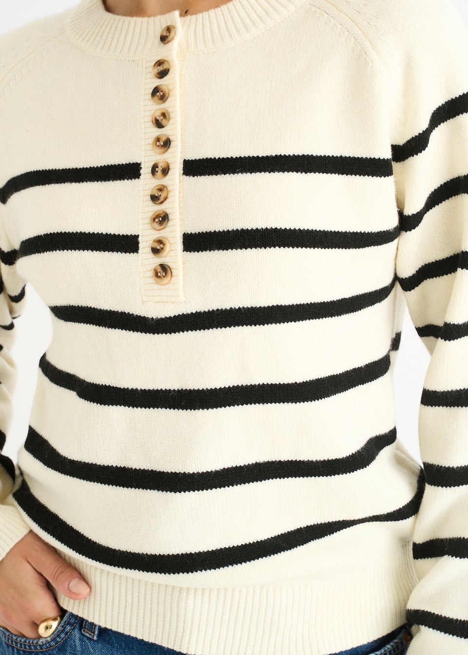 Gini London Cream Recycle Stripe Button Up Loose Fit Knit Jumper