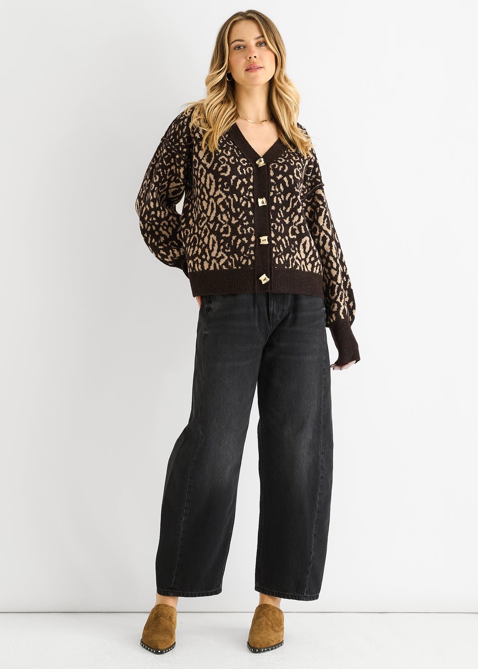 Gini London Chocolate Animal Print Wool Mix Cardigan Look Jumper