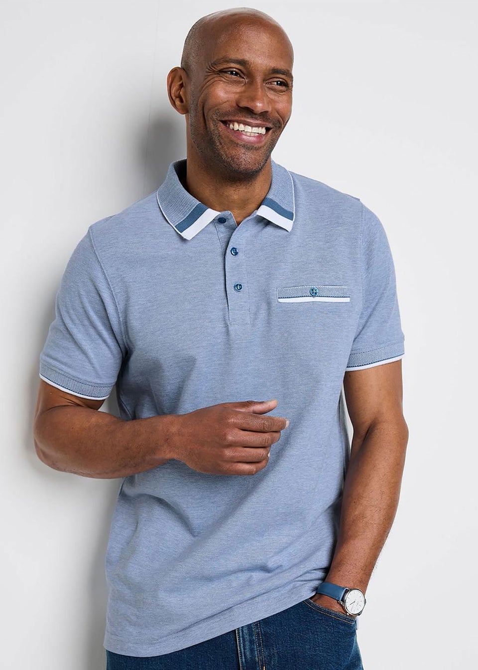 Cotton Traders Steel Blue Signature Short Sleeve Birdseye Pocket Polo Shirt