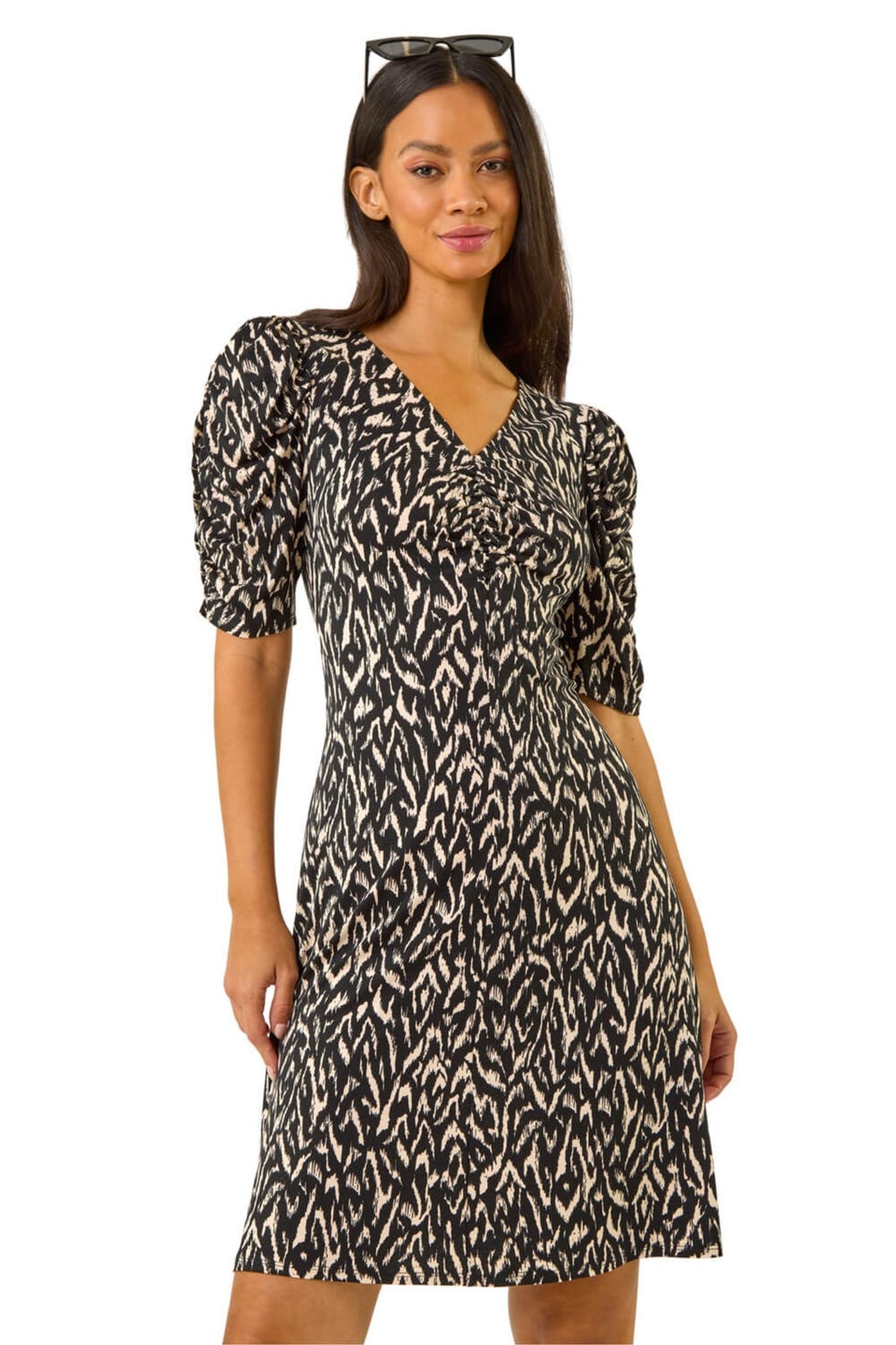 Dusk Black Abstract Print Front Ruched Dress