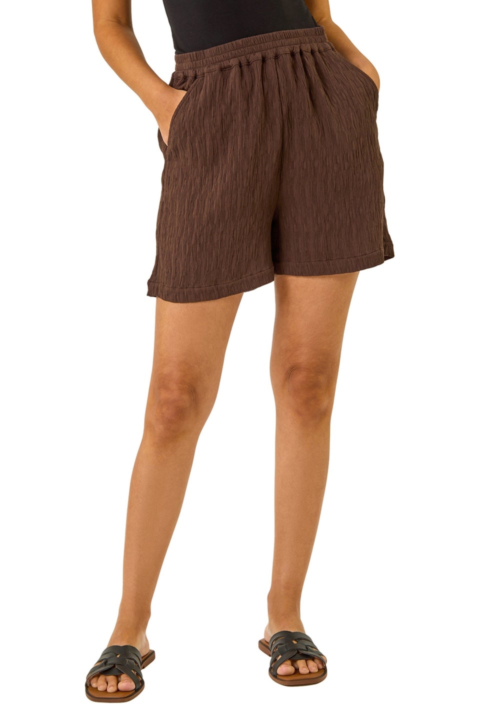 Dusk Brown Textured Elastic Waist Woven Shorts