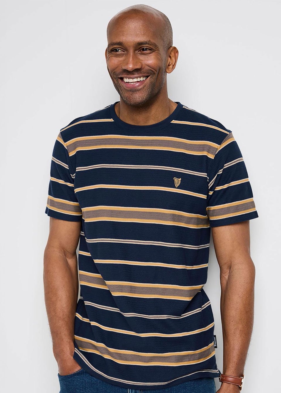Cotton Traders Navy Guinness Short Sleeve Textured Stripe T-Shirt