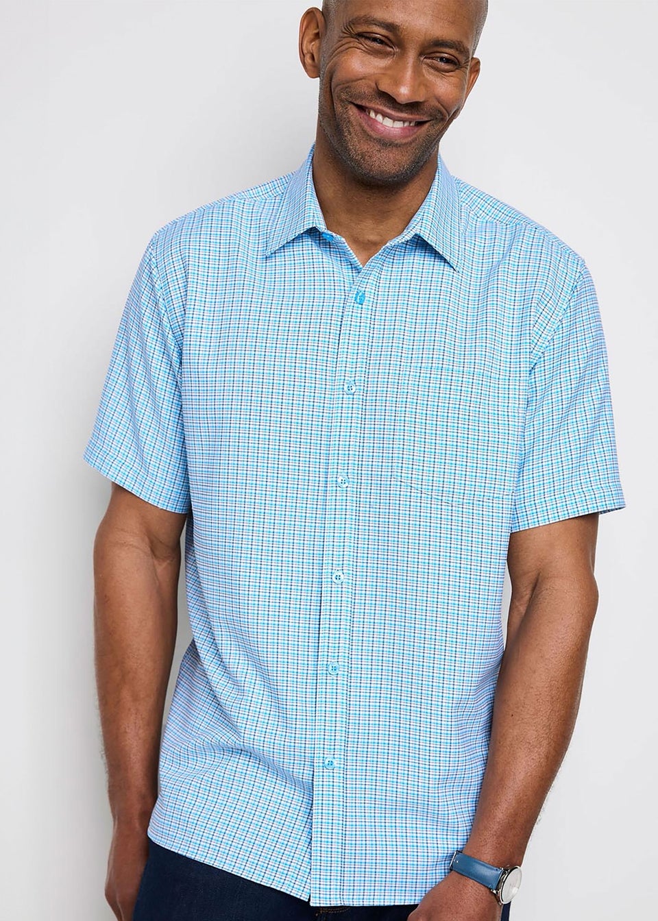 Cotton Traders Steel Blue Signature Short Sleeve Soft Touch Check Shirt