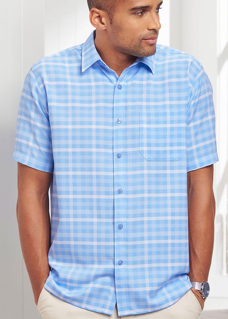Cotton Traders Blue Frost Short Sleeve Classic Soft Touch Patterned Shirt