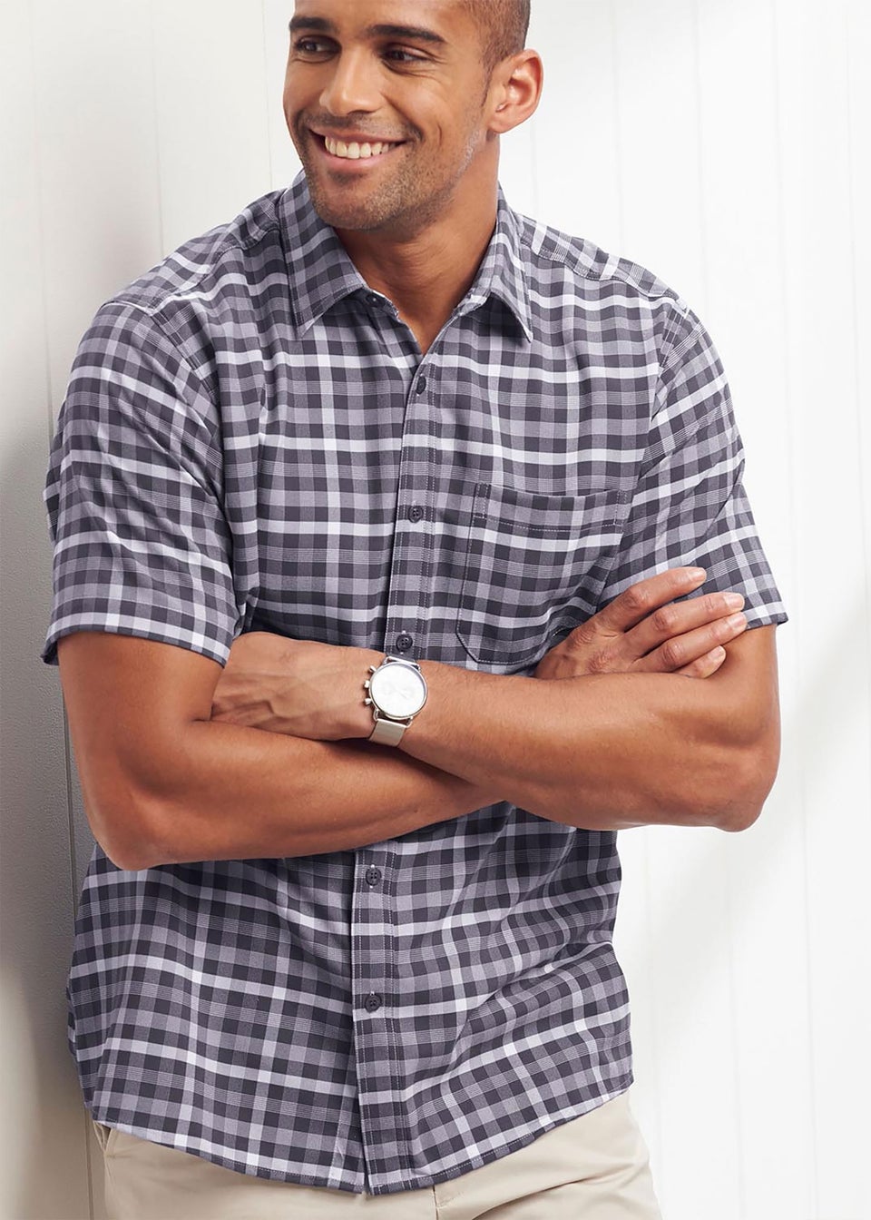 Cotton Traders Smoke Grey Short Sleeve Classic Soft Touch Patterned Shirt