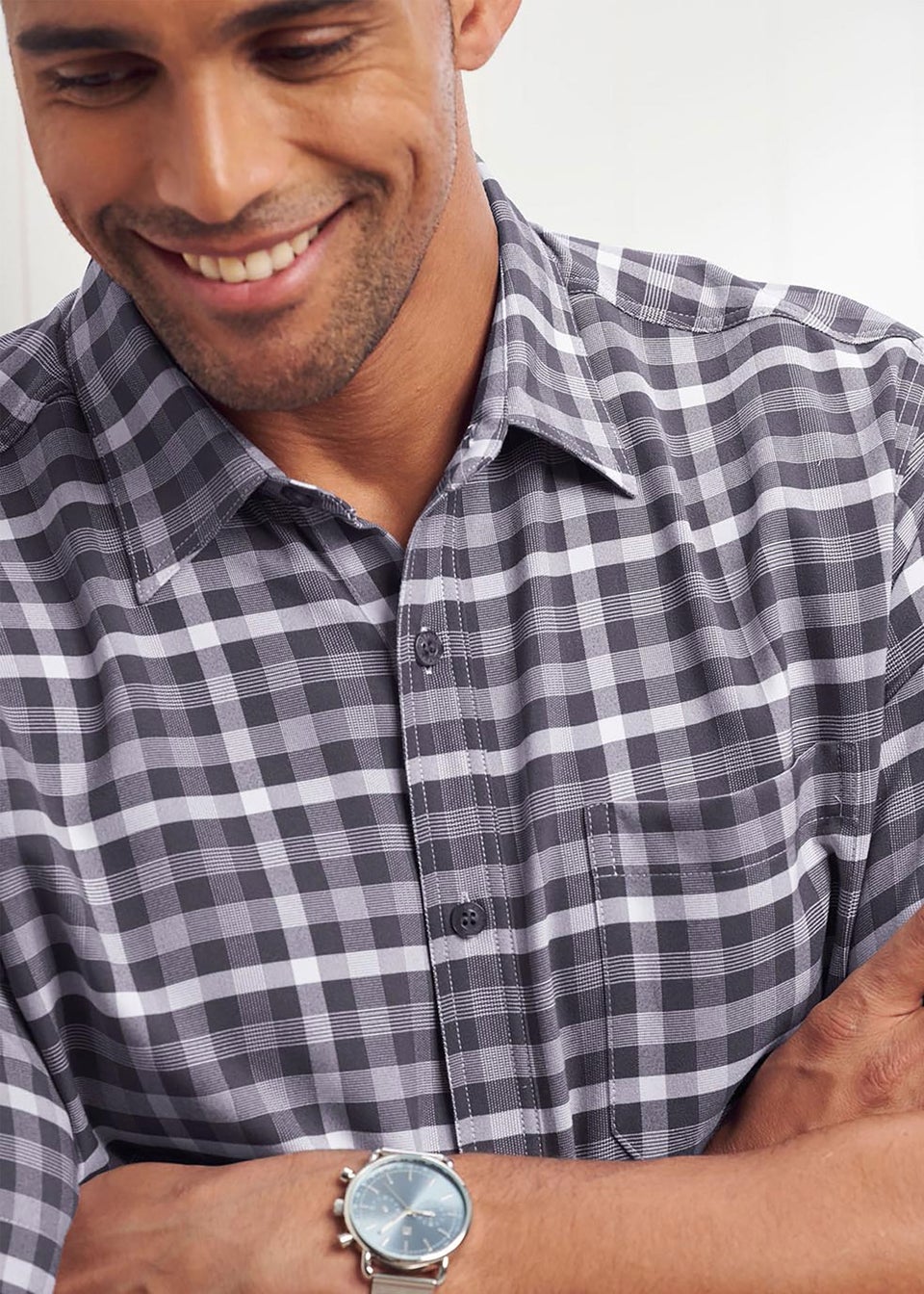 Cotton Traders Smoke Grey Short Sleeve Classic Soft Touch Patterned Shirt