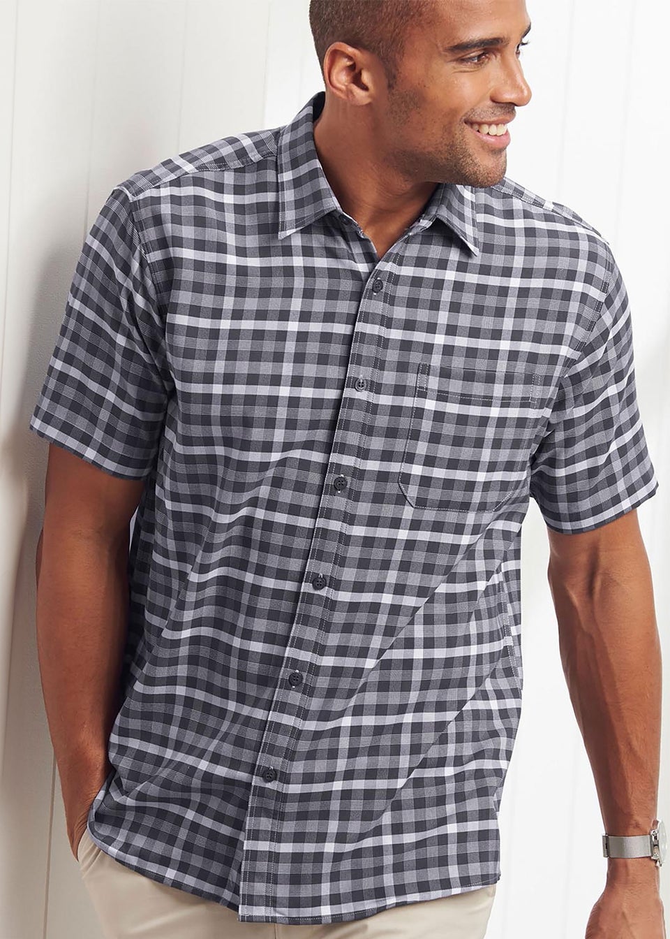 Cotton Traders Smoke Grey Short Sleeve Classic Soft Touch Patterned Shirt