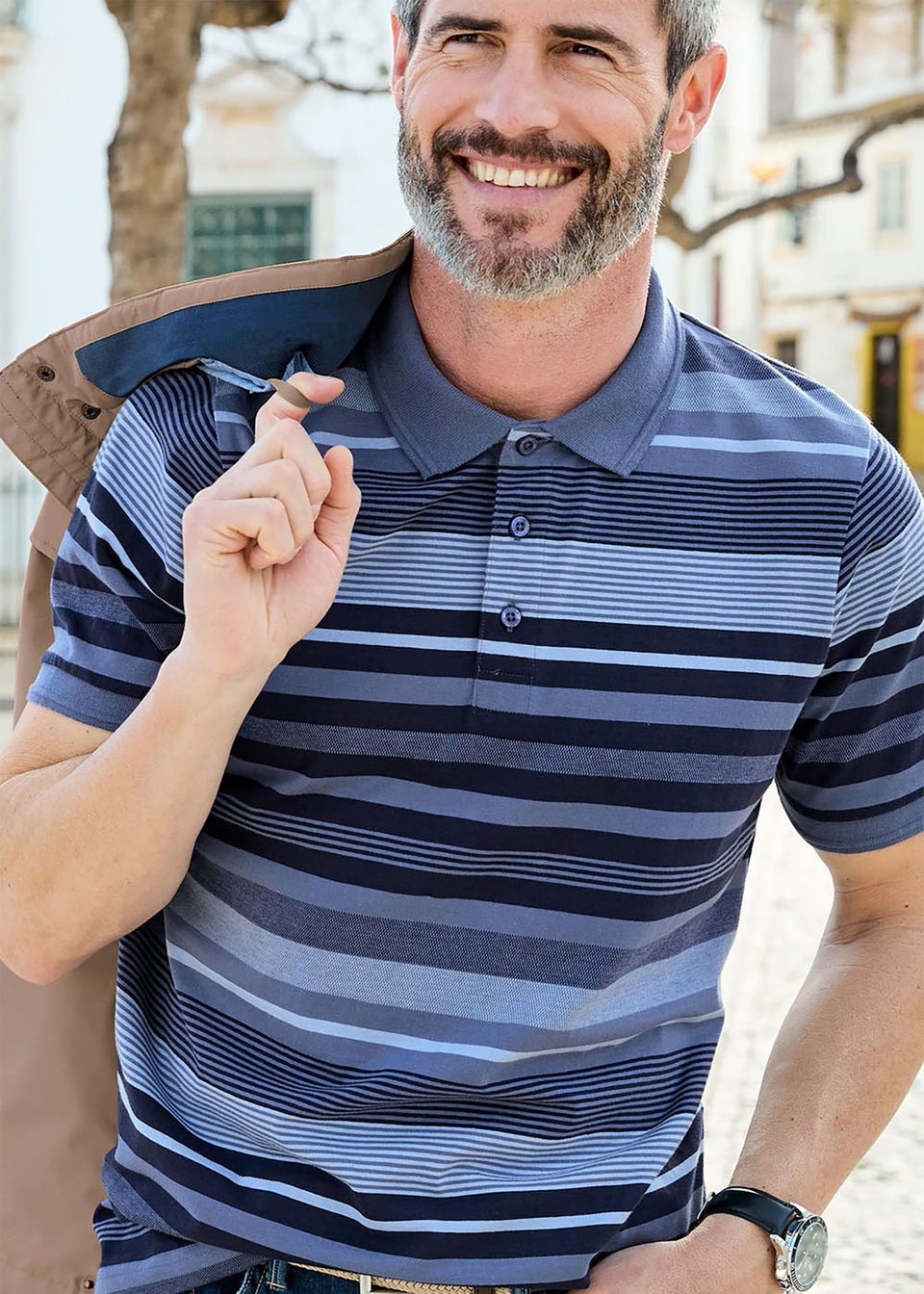 Cotton Traders Mid Blue Variated Stripe Polo Shirt