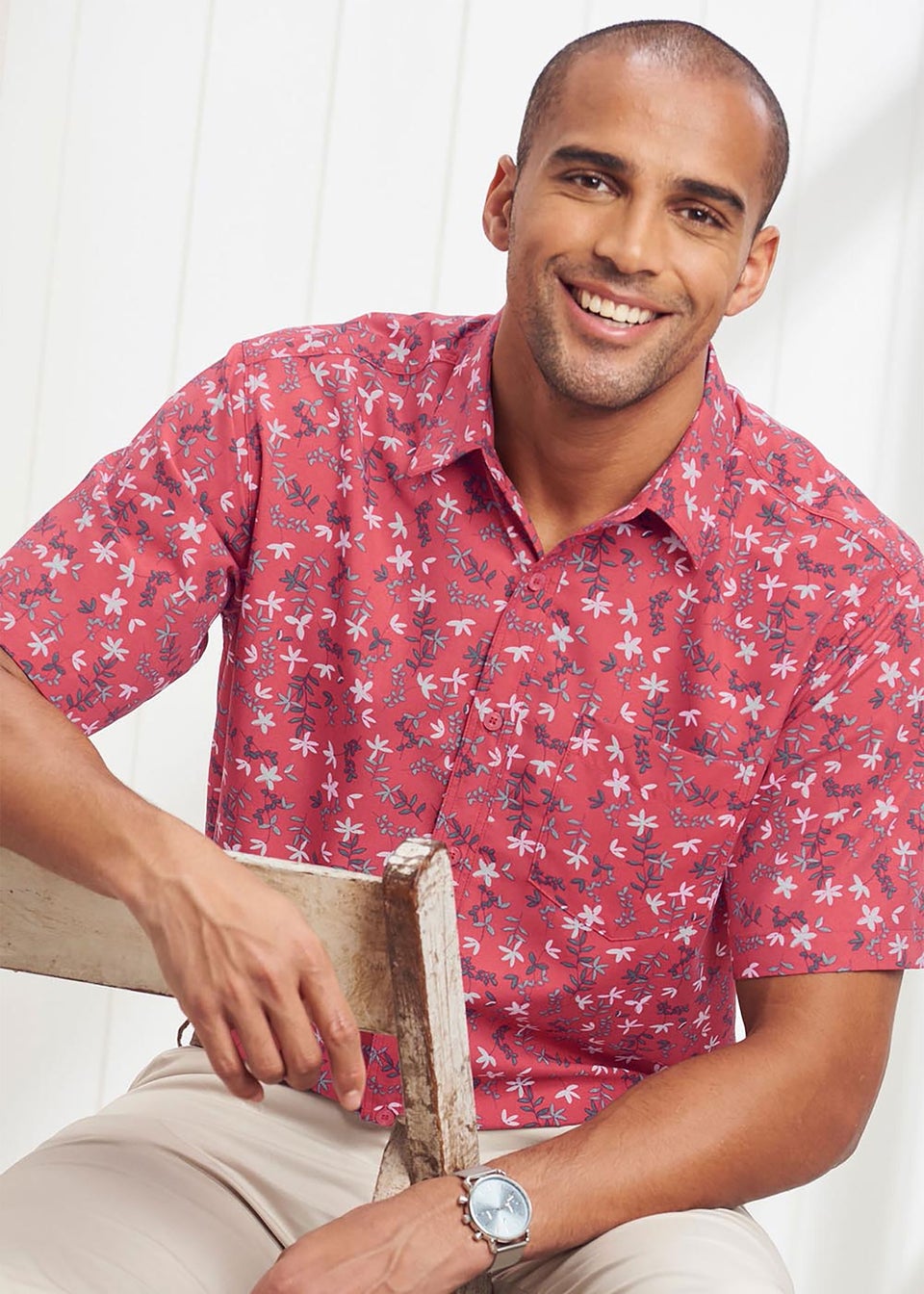 Cotton Traders Red Coral Short Sleeve Classic Soft Touch Print Shirt