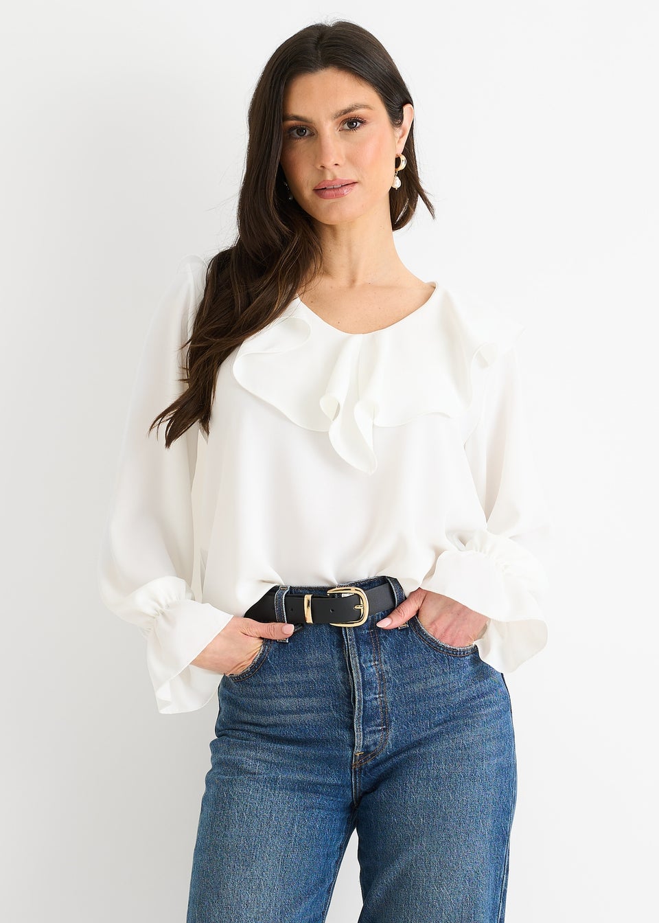 Gini London White Wide Frill Loose Fit Blouse