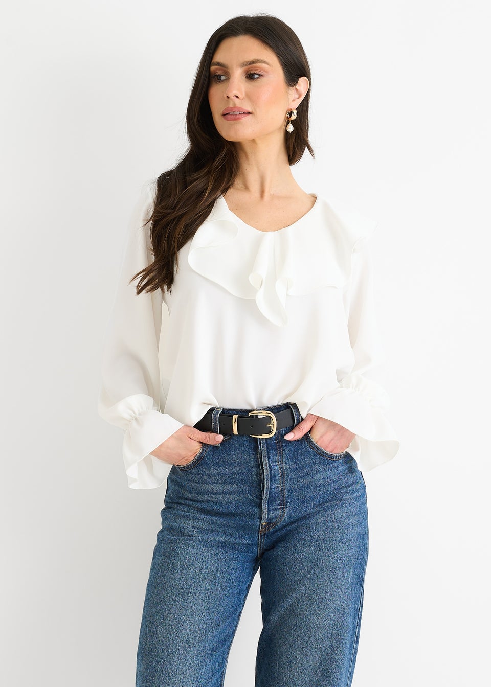 Gini London White Wide Frill Loose Fit Blouse