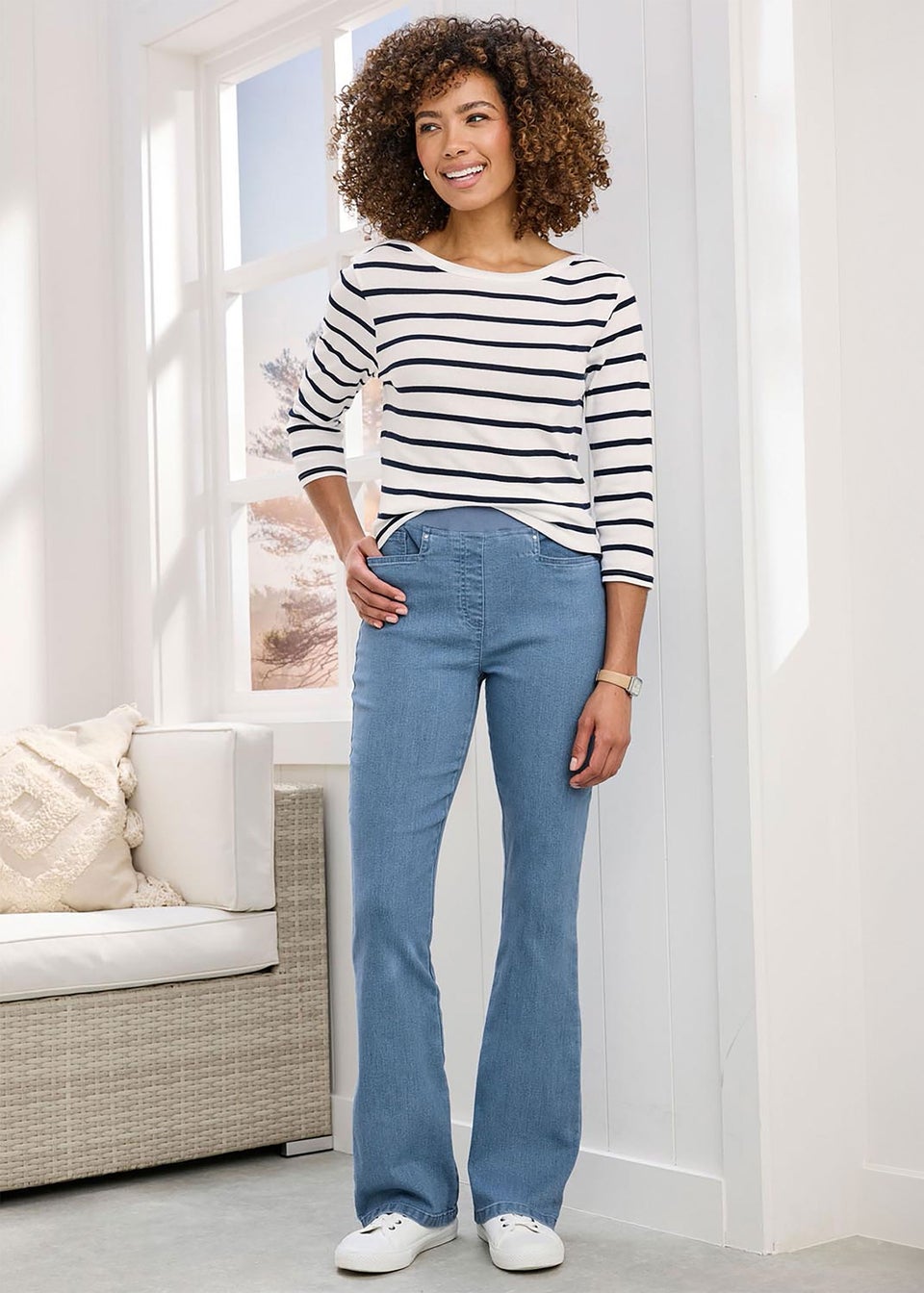 Cotton Traders Washed Blue Premium Pull-On Bootcut Jeans
