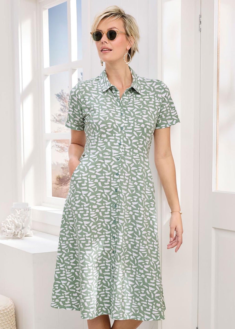 Cotton Traders Mint Haze Short Sleeved Jersey Midi Shirt Dress