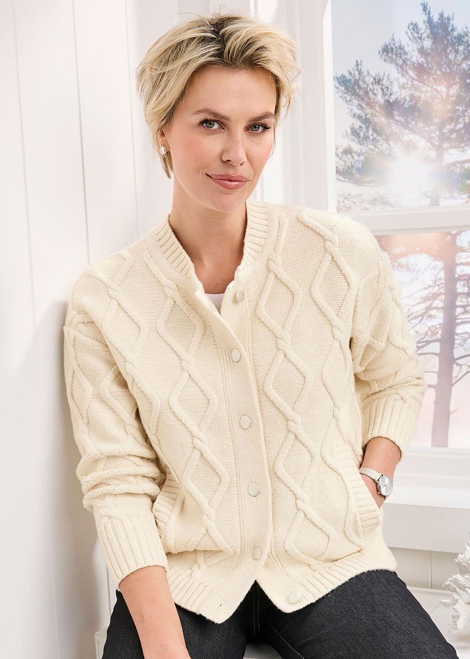 Cotton Traders Parchment Cable Knitted bomber Cardigan