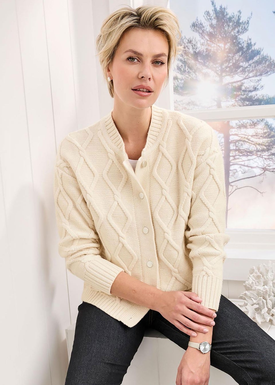Cotton Traders Parchment Cable Knitted bomber Cardigan