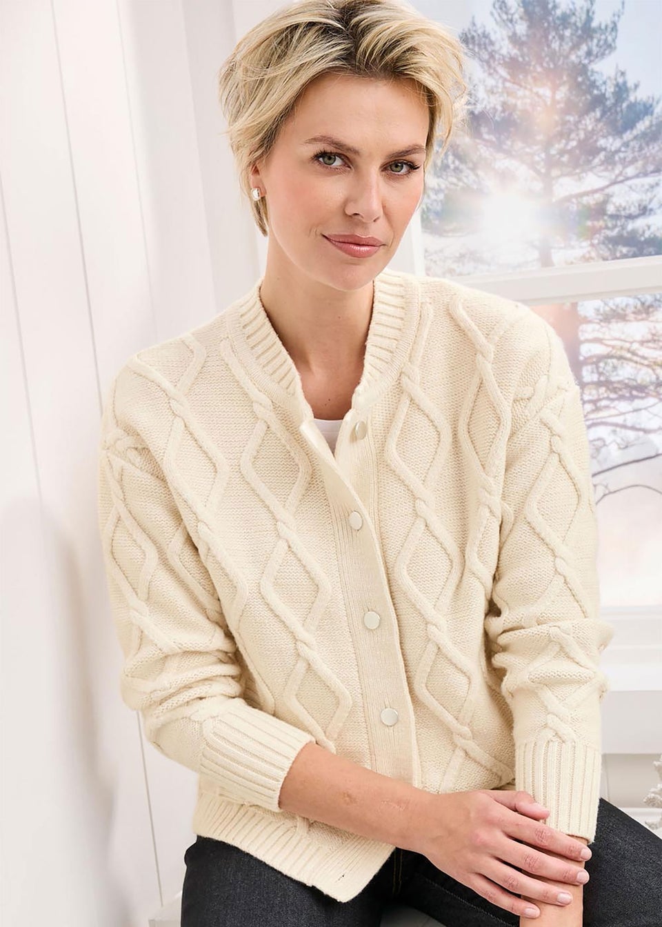 Cotton Traders Parchment Cable Knitted bomber Cardigan