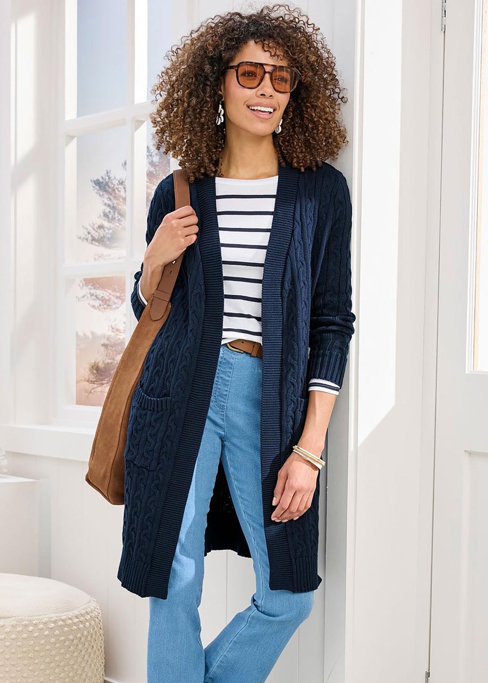 Cotton Traders Navy Longline Cotton Cable Cardigan