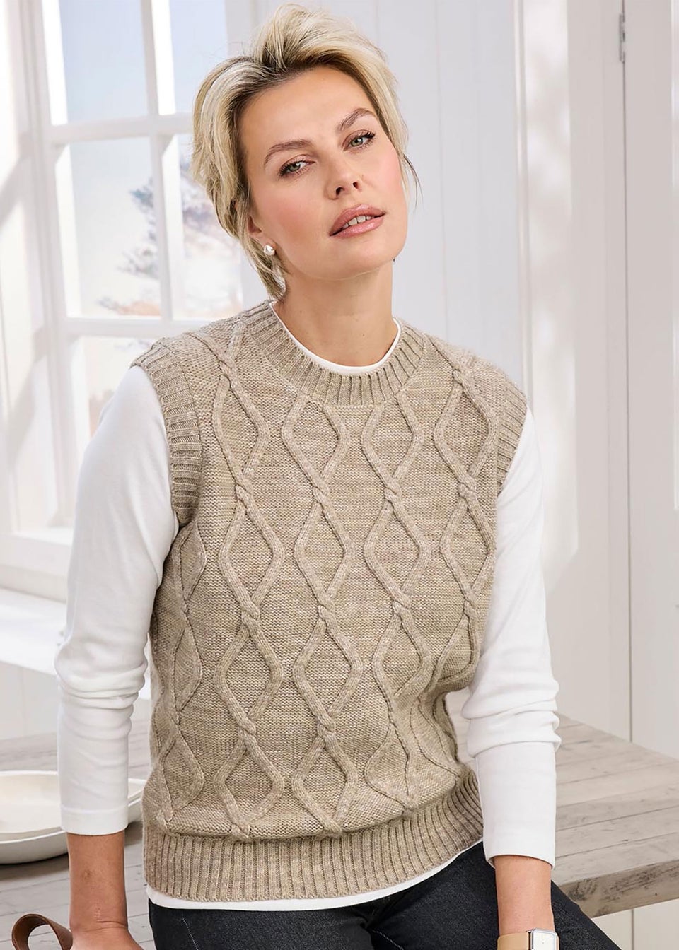 Cotton Traders Birch Cable Knitted Vest