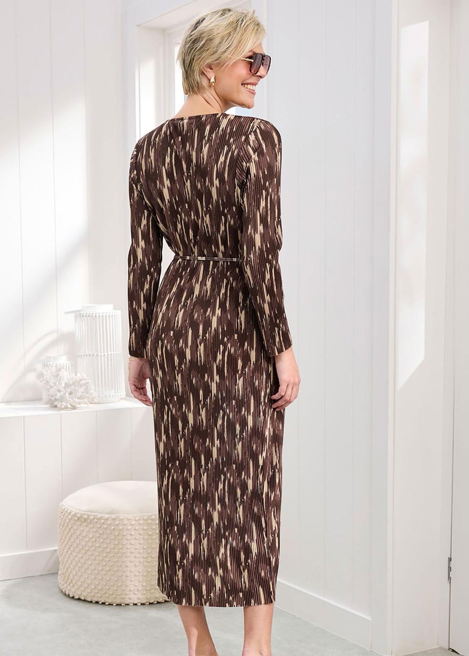 Cotton Traders Chocolate Plisse Printed Jersey Maxi Dress