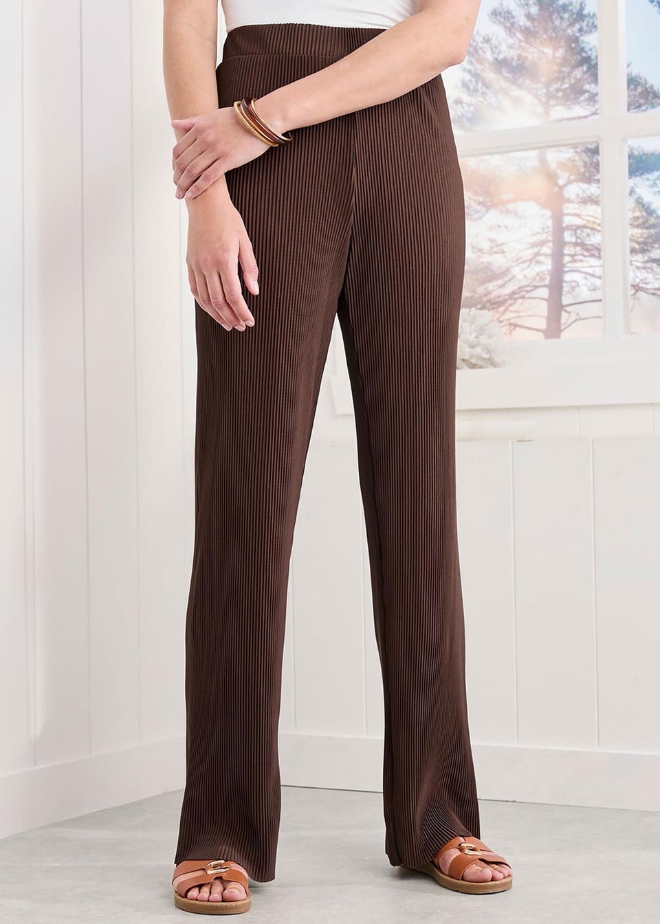 Cotton Traders Chocolate Plisse Jersey Wide Leg Trousers