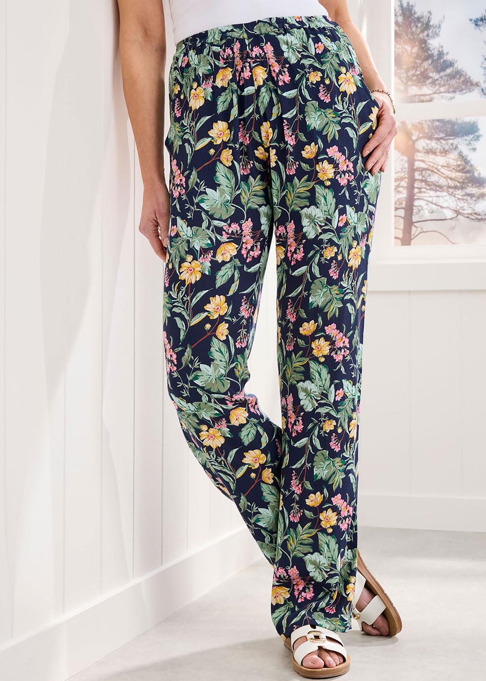 Cotton Traders Navy Pull-On Printed Crinkle Trousers