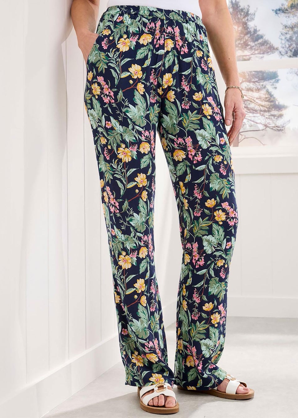 Cotton Traders Navy Pull-On Printed Crinkle Trousers