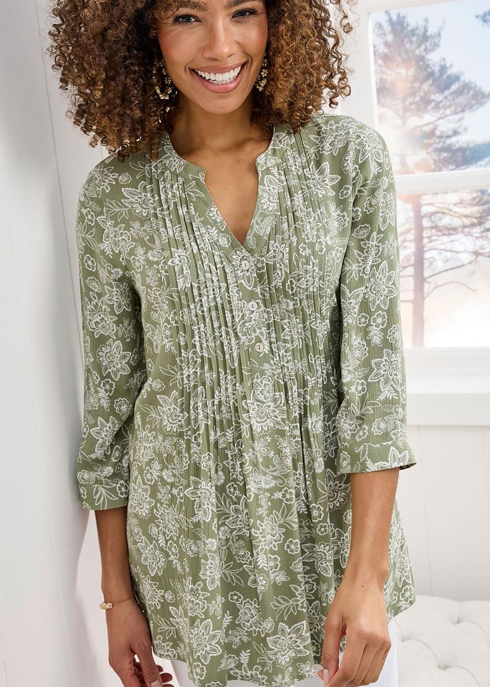 Cotton Traders Hazel Green Printed Crinkle Tunic