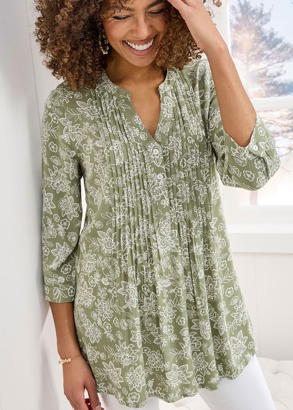 Cotton Traders Hazel Green Printed Crinkle Tunic
