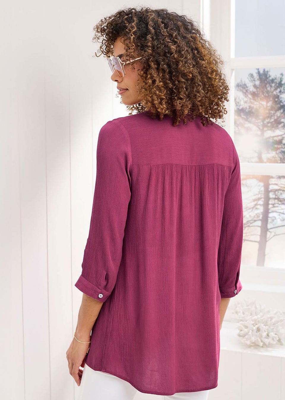 Cotton Traders Dark Rose Lace Trim Crinkle Tunic