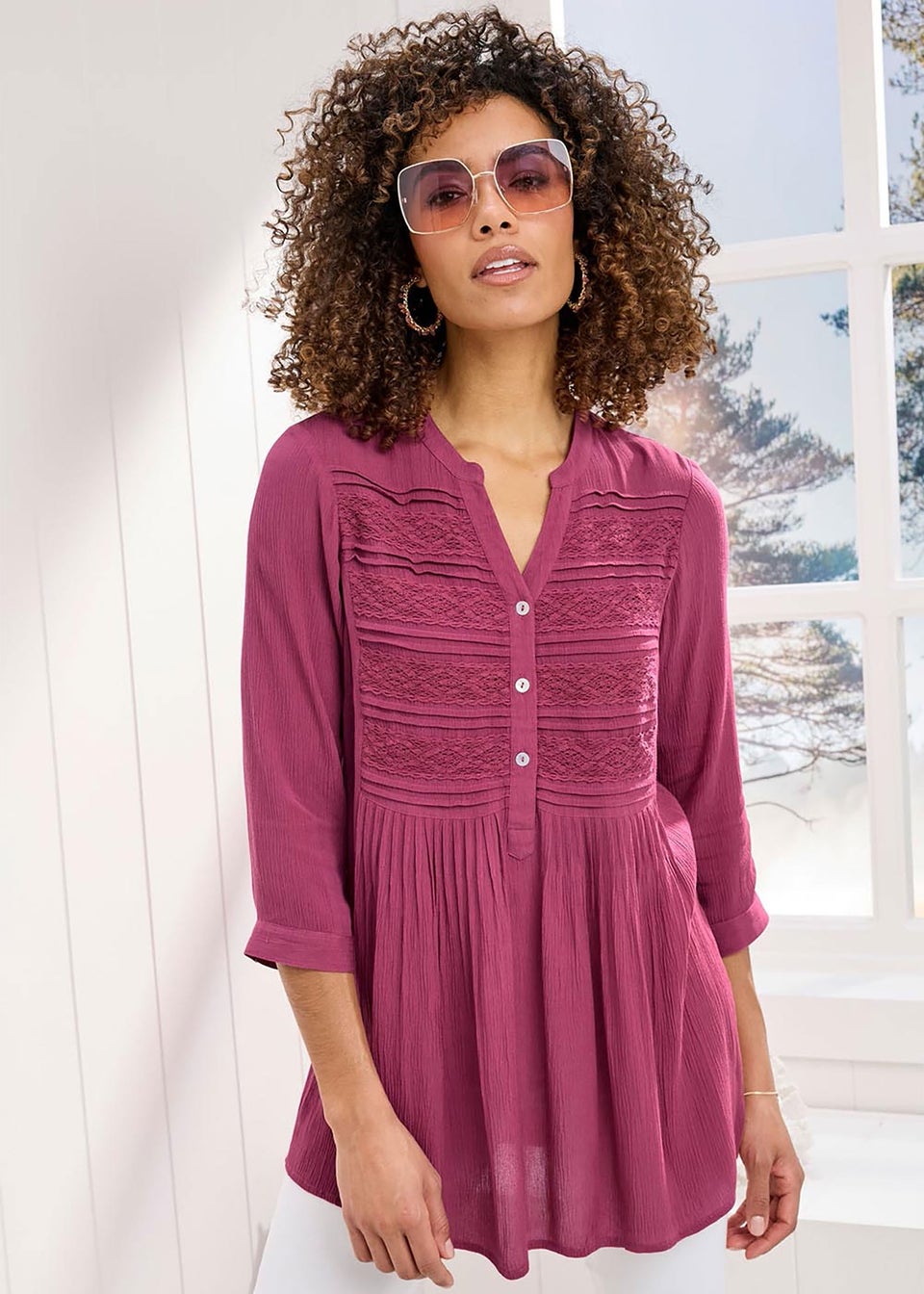 Cotton Traders Dark Rose Lace Trim Crinkle Tunic