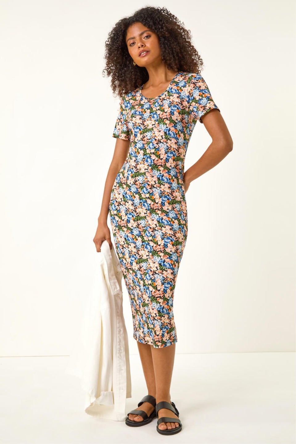 Dusk Blue Floral Print Stretch Midi Dress