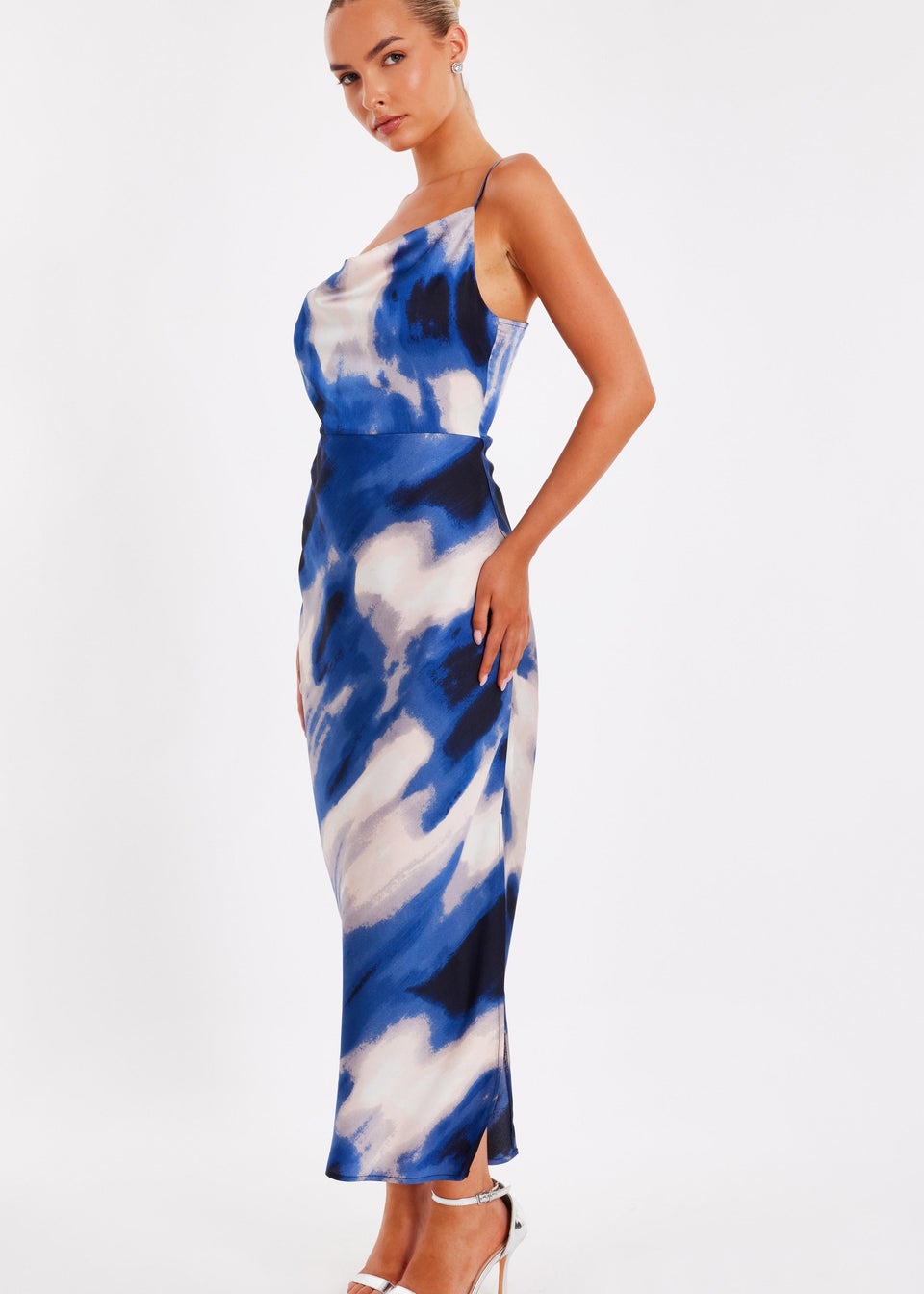Quiz Blue Satin Marble Midaxi Dress