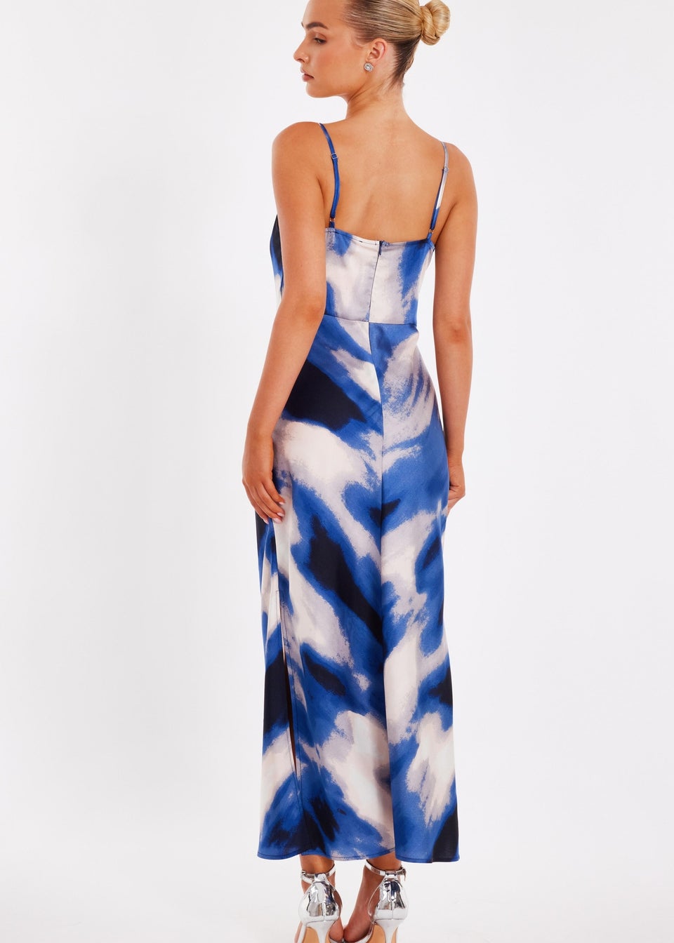 Quiz Blue Satin Marble Midaxi Dress