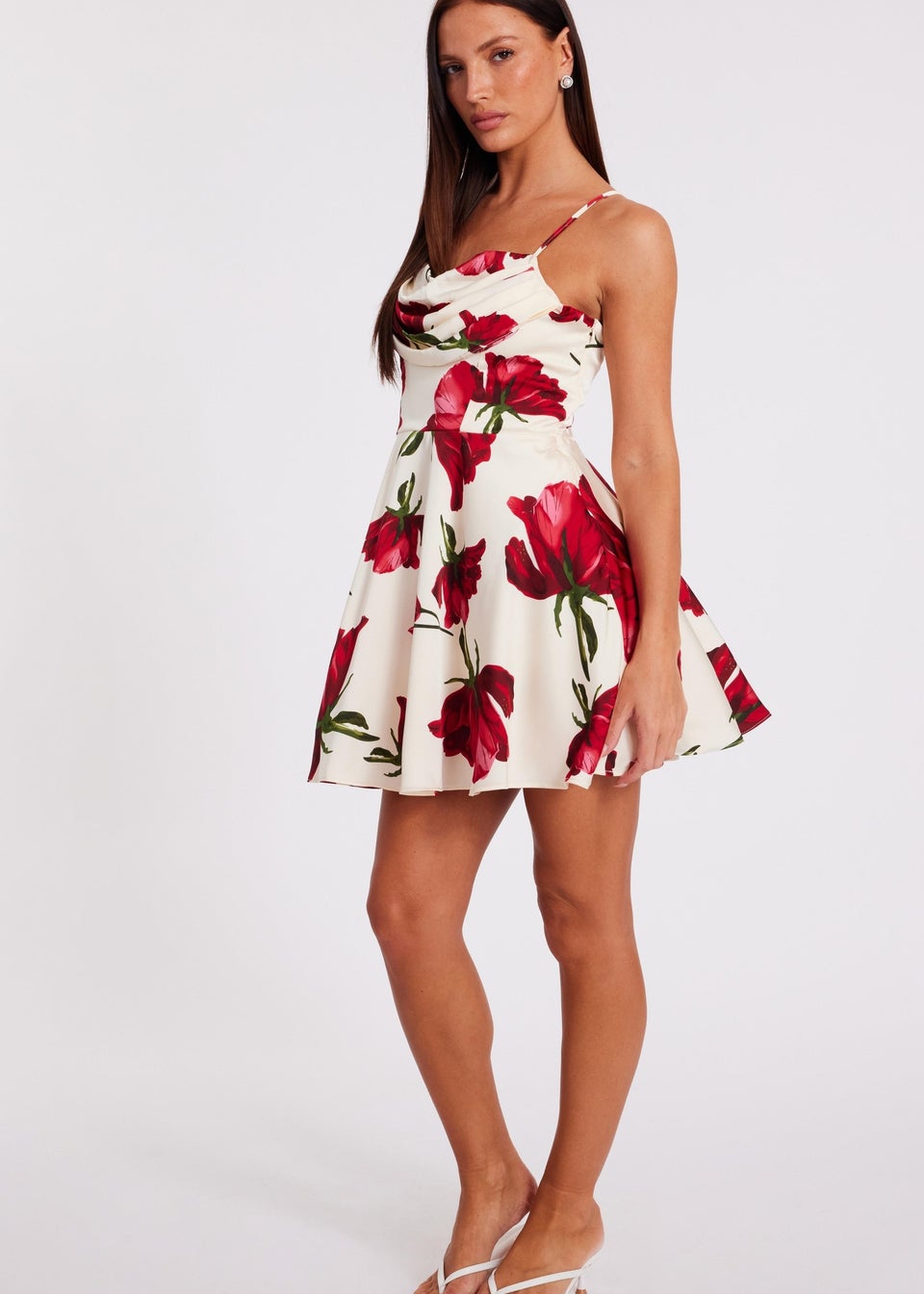 Quiz Cream Satin Rose Print Mini Dress