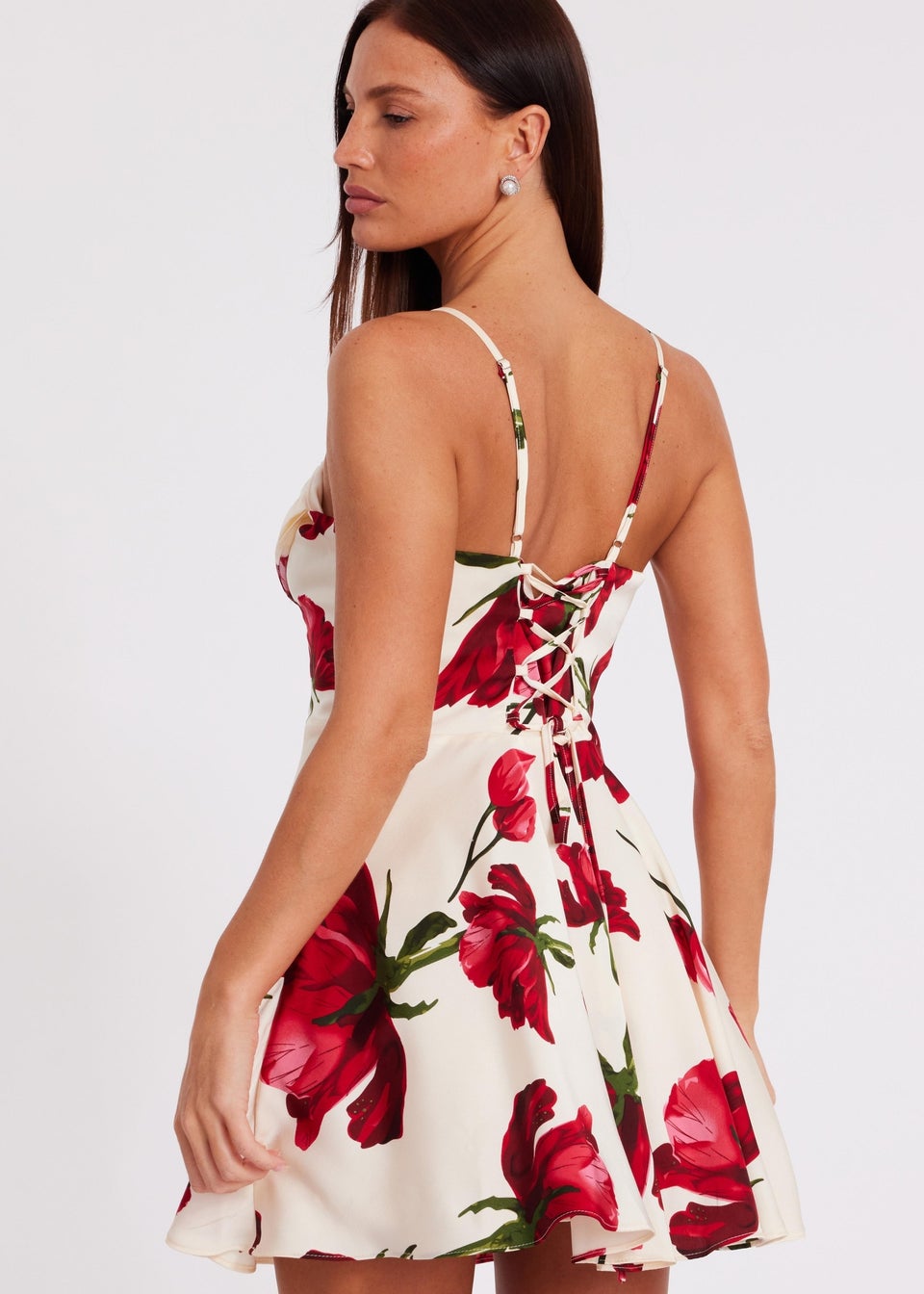 Quiz Cream Satin Rose Print Mini Dress
