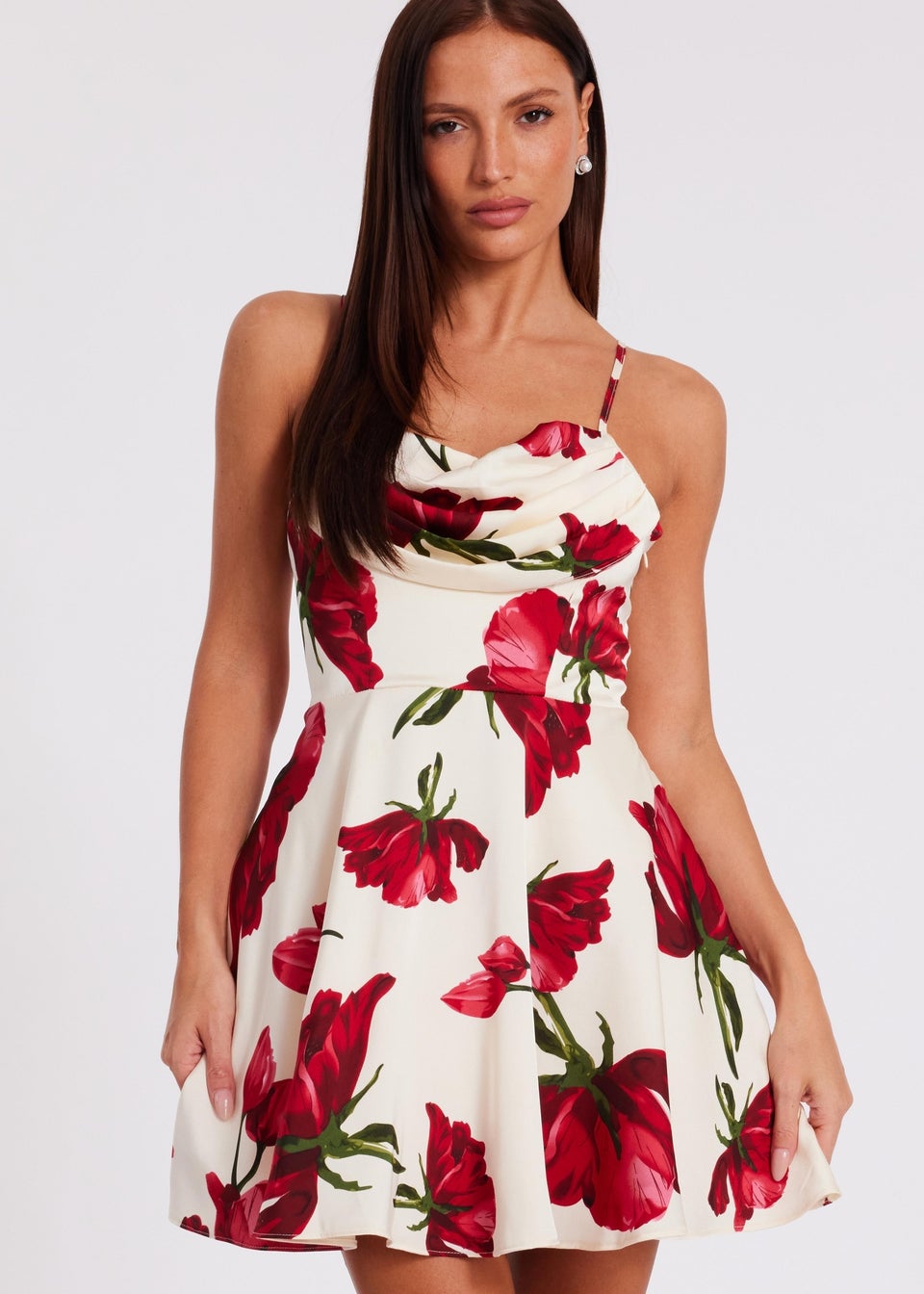 Quiz Cream Satin Rose Print Mini Dress