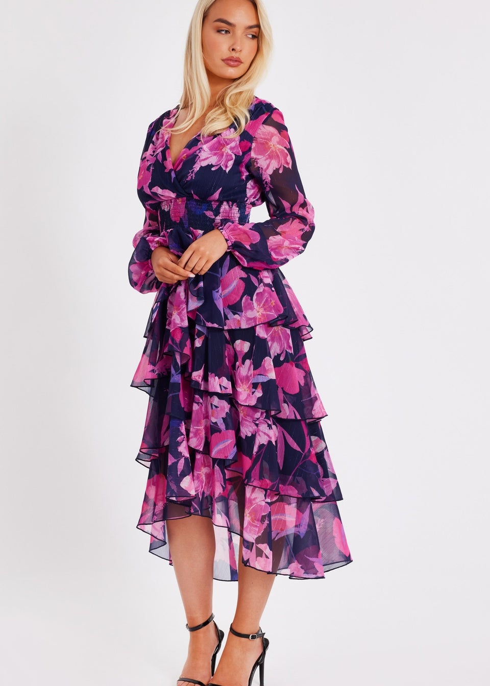 Quiz Navy Floral Dip Hem Midaxi Dress