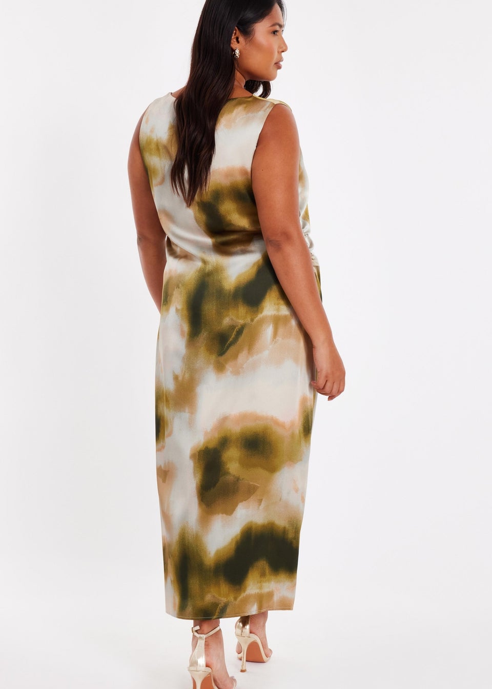 Quiz Khaki Curve Printed Satin Midaxi Dress